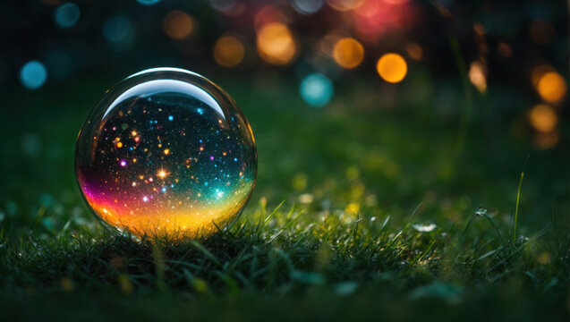 A glass magic ball or a drop of water with the planet earth inside on green grass. Environment concept.