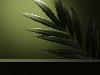 3D render podium, showcase on dark background with palm tropical leaves of plants. Abstract natural, eco organic background for advertising products, spa body care, relaxation, health.