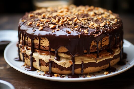 Chocolate peanut butter cake with frosting and chocolate glaze