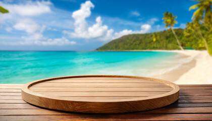 Fototapeta premium Empty wooden round platform with tropical beach background. For product showing