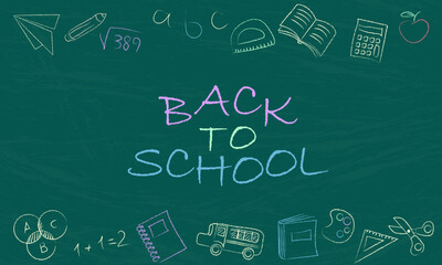 Welcome back to school text drawing by colorful chalk in blackboard with school items and elements. Vector illustration banner.