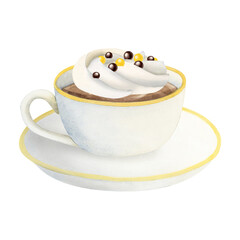 Cappuccino coffee cup with whipped cream and round candies watercolor illustration isolated on white background for menus, invitations, logos, and prints