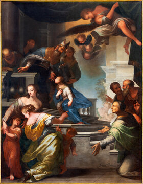 VICENZA, ITALY - NOVEMBER 5, 2023: The painting of Presentation of Virgin Mary in the Temple in the chruch Chiesa di San Lorenzo by Francesco Pittoni (1654 − 1724).