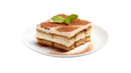 Fototapeta na wymiar Tiramisu on white isolated on clear png background and transparent background. Bakery and pastry concept for cafe and restaurent, AI generative. 