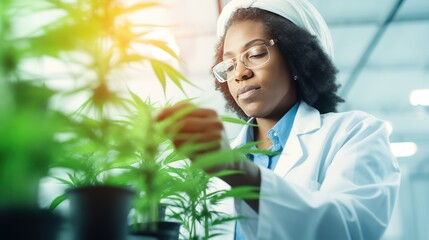 African American female doctor grows medical cannabis in laboratory carefully checking quality of plants. African American woman lab technician in bathrobe checking medical cannabis plants in pots