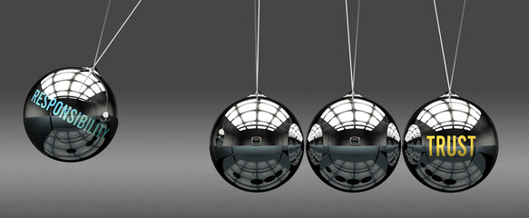 Responsibility leads to Trust. A metaphor in which responsibility initiates motion of trust and gives it energy. Cause and effect relation between responsibility and trust.,3d illustration