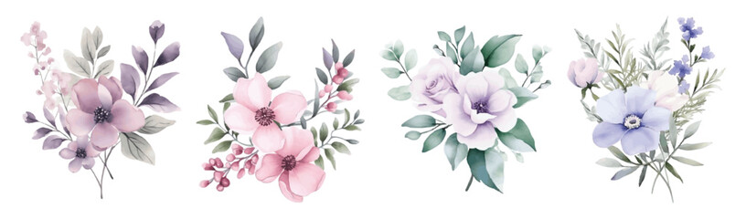 Set of Flower With Leaves Watercolor Vector Illustration
