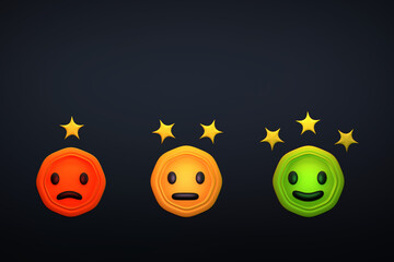 3D icon of icons regarding service satisfaction inquiries. Green, orange, and red icons.