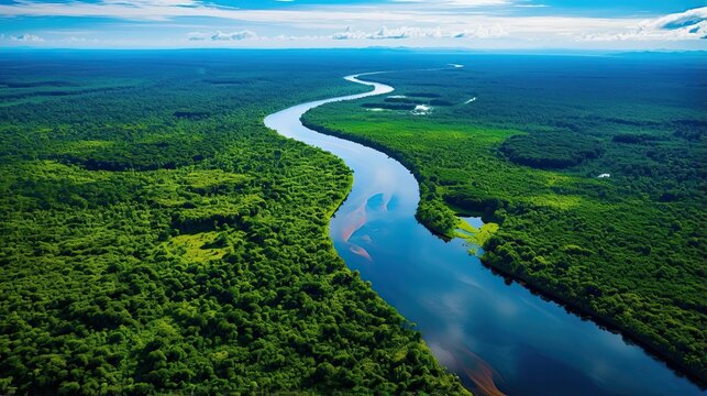 Aerial View Of The Rainforest Jungle With River