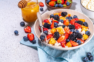 Summer fruit and berry salad with cottage cheese