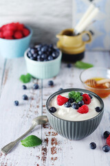 A bowl with Greek yogurt with berries