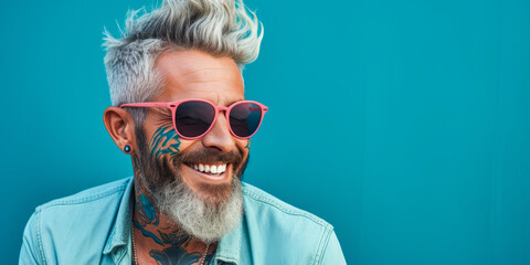 Bearded, tattooed man winking against blue wall. - obrazy, fototapety, plakaty