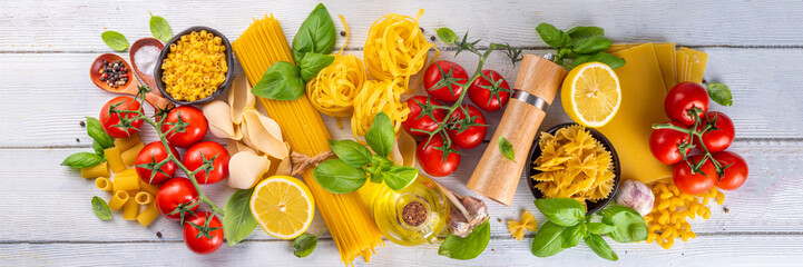 Various pasta with spices and ingredients for cooking