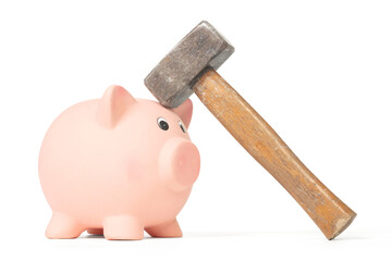 Hammer breaking piggy bank isolated