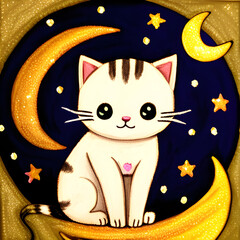 A cute cat on a starry moon night, generation ai, 생성형, 인공지능