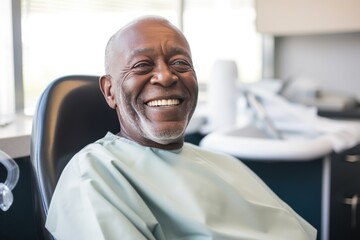 Fototapeta premium Close-up photo of a smiling African American senior man sitting in a chair in a dental office. He is waiting for the dentist for an oral procedure. Teeth whitening concept.