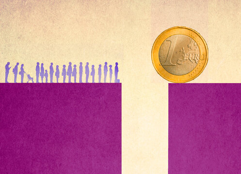 Line of people looking across steep gap at oversized one euro coin