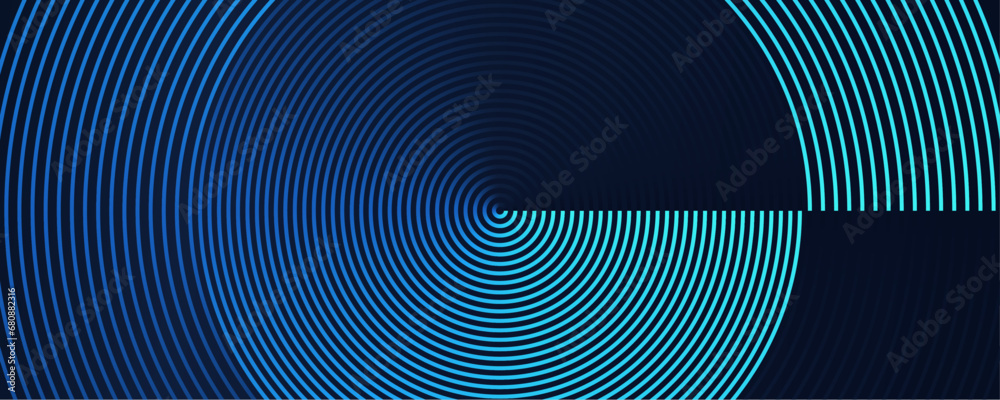 Poster futuristic background with dark blue green glowing lines, shiny gradient circles pattern. futuristic