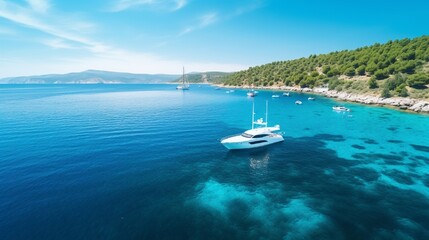 Croatian yachts on the water's surface Aerial image of a luxurious floating yacht in the Adriatic Sea on a sunny day. Image of travel. - obrazy, fototapety, plakaty