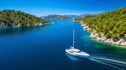 Croatian yachts on the water's surface Aerial image of a luxurious floating yacht in the Adriatic Sea on a sunny day. Image of travel.