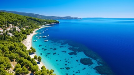 Hvar, which is , Croatia, Sol Panoramic aerial view of Zlatni Rat Beach and the water from the air Summer seascape from a famous Croatian location Image of travel.