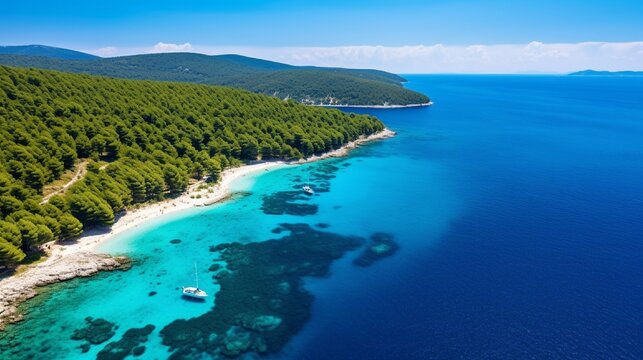 Hvar, which is , Croatia, Sol Panoramic aerial view of Zlatni Rat Beach and the water from the air Summer seascape from a famous Croatian location Image of travel. © Nazia