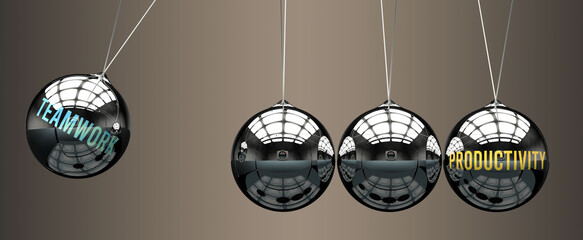 Teamwork leads to Productivity. A metaphor in which teamwork initiates motion of productivity and gives it energy. Cause and effect relation between teamwork and productivity.,3d illustration