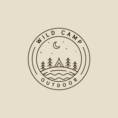 camping logo vector line art simple minimalist illustration template icon graphic design. night camp at wild nature sign or symbol for travel or adventure concept with circle badge
