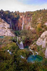 A view to the waterfall Veliki slap, the biggest in Plitvice lakes, Croatia