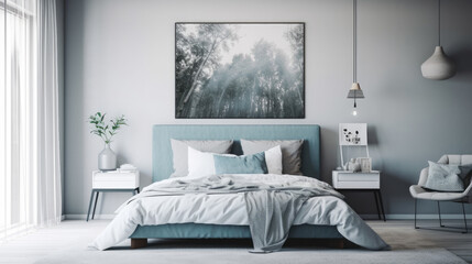 Modern Clean Contemporary White and Blue Bedroom Interior Design, AI Generated