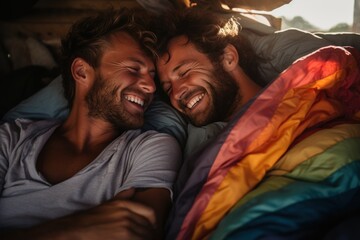 Happiness gay couple relax on bed for LGBTQ concept - obrazy, fototapety, plakaty