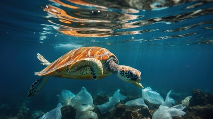 Obraz premium Plastic pollution in ocean environmental problem.