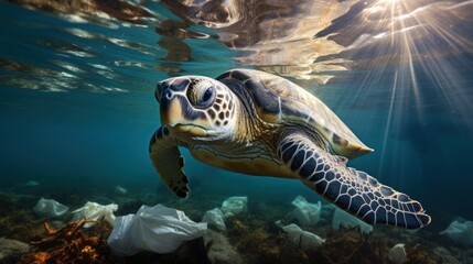 Fototapeta premium Plastic pollution in ocean environmental problem.