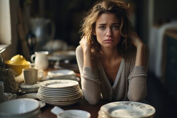 Tired exhausted woman sitting at table with many plates. - obrazy, fototapety, plakaty