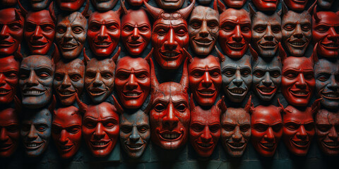 Wall filled with numerous horrifying red devil and demon faces.