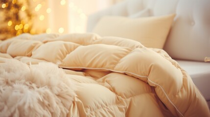 Fototapeta na wymiar Warm ivory duvet quilt lying on bed