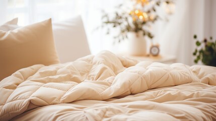 Warm ivory duvet quilt lying on bed - obrazy, fototapety, plakaty