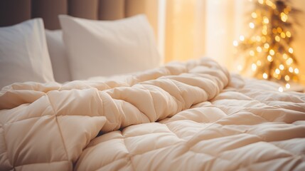 Warm ivory duvet quilt lying on bed - obrazy, fototapety, plakaty