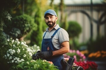 Middle-aged man gardener is cleaning up the garden. He looks up from his work, looks at the camera and smiles. - Powered by Adobe