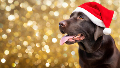 Labrador dog with Santa hat on golden bokeh background