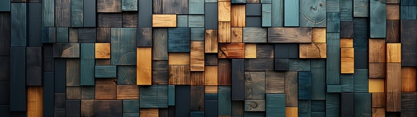 Artistic Arrangement of Diverse Wooden Squares in a Colorful Wall