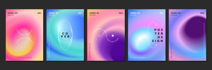 Set of fluid gradient backgrounds with radial blur effect. Covers design template with neon blurry circles and iridescent color gradation. Posters with glow circular blurry stains in modern style.