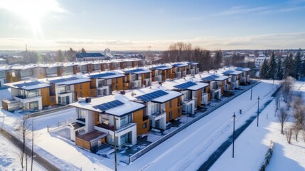 Aerial View of eco-friendly apartment buildings with solar panels on their roofs. Winter photo of an apartment buildings with environmentally friendly large batteries on the roofs.