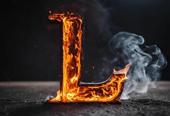 AI generated illustration of a fiery letter L with flames on a dark background - obrazy, fototapety, plakaty