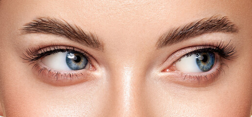Beautiful female eyes with long eyelashes. Eyelash extensions. Makeup, cosmetics, beauty. Close up, macro - obrazy, fototapety, plakaty