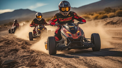Racing quad bike on dirt track in the mountains, desert during sunset. Extreme sport.