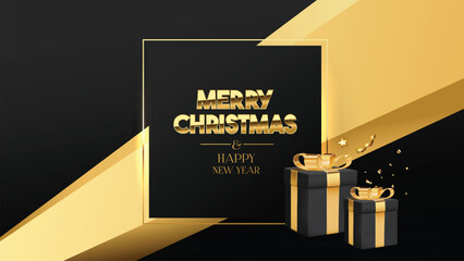 Christmas banner. Background Xmas design with sparkling lights realistic gift box. Christmas poster, greeting cards. Stylish black design