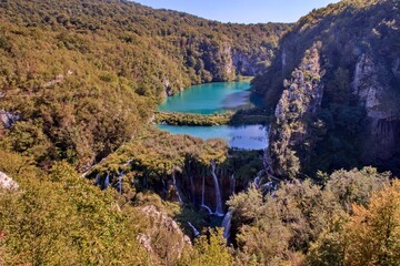 A beautiful view to the Matica lake with clean green water surface and waterfall below from...