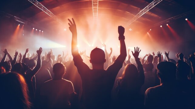 Night party. A large group of young people are dancing in a nightclub. Photo of many party people dancing with hands raised up - nightclub event.