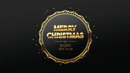 Christmas banner. Background Xmas design with sparkling lights realistic gift box. Christmas poster, greeting cards. Stylish black design